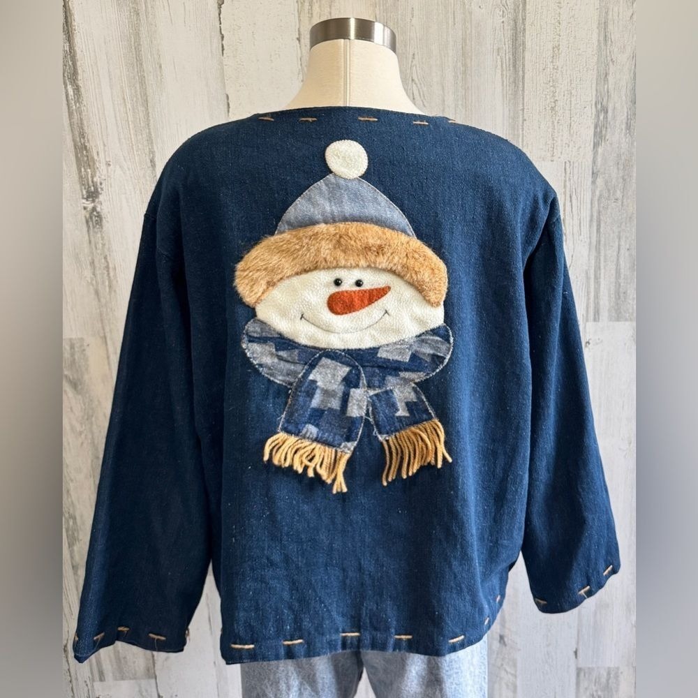 Vintage Snowman Cardigan denim One Size Fits Most Fun Holiday Sweater - Picture 8 of 9